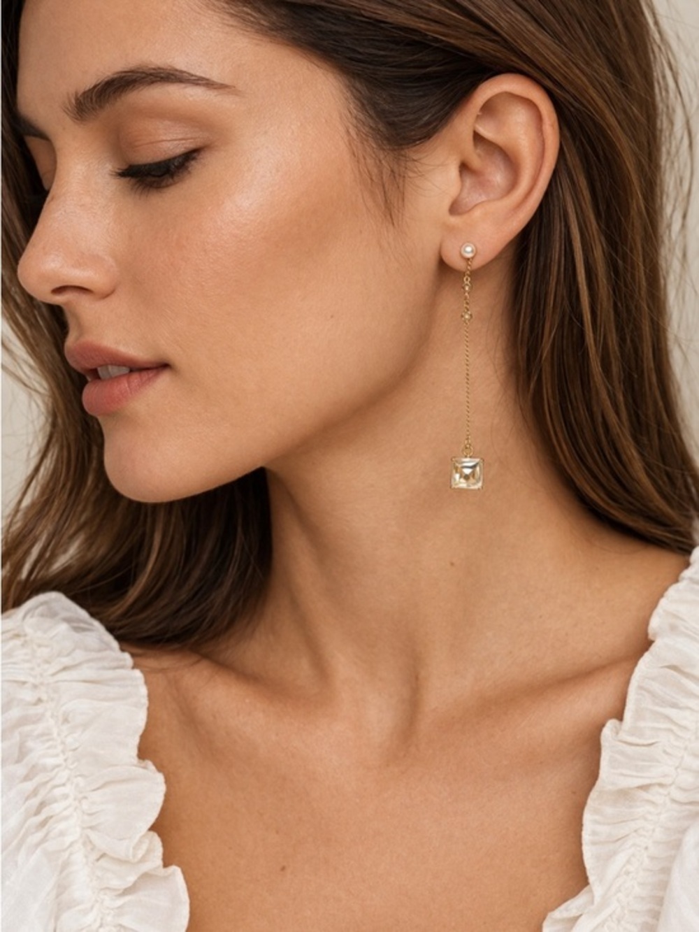 Gold Chain Drop Earrings Square Crystal Faux Pearl Threader Dangle